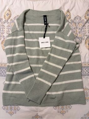 Agnes & Dora Sage Green and White Striped Crewneck Sweater